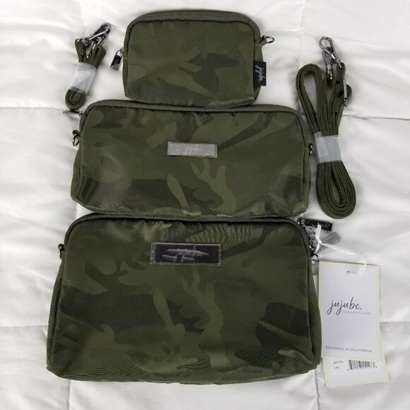 JuJuBe Camo Green Be Set 3 Bag Pouch Straps Camouflage Clutch Travel Tech Makeup - Picture 1 of 5